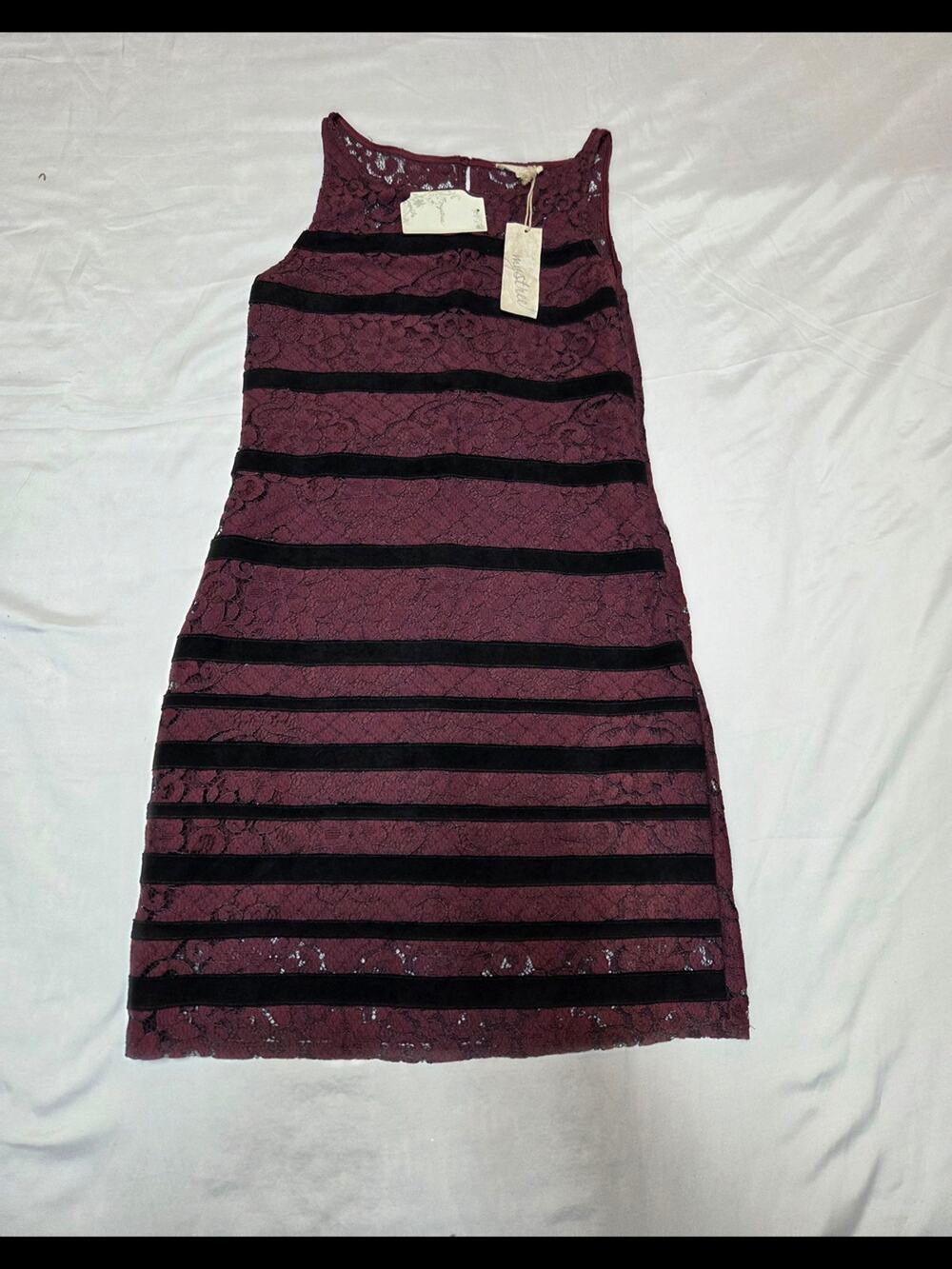 Mystree Burgundy Lace Dress with Black Velvet Stripes
